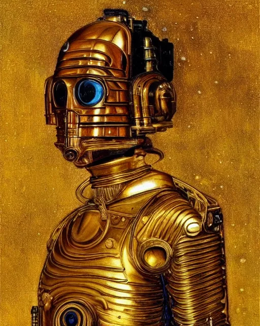 Prompt: Golden Portrait of C3PO from Star Wars by Gustav Klimt, cyberpunk noir, baroque elements, intricate artwork by caravaggio, aesthetic, intricate, elegant, highly detailed, masterpiece