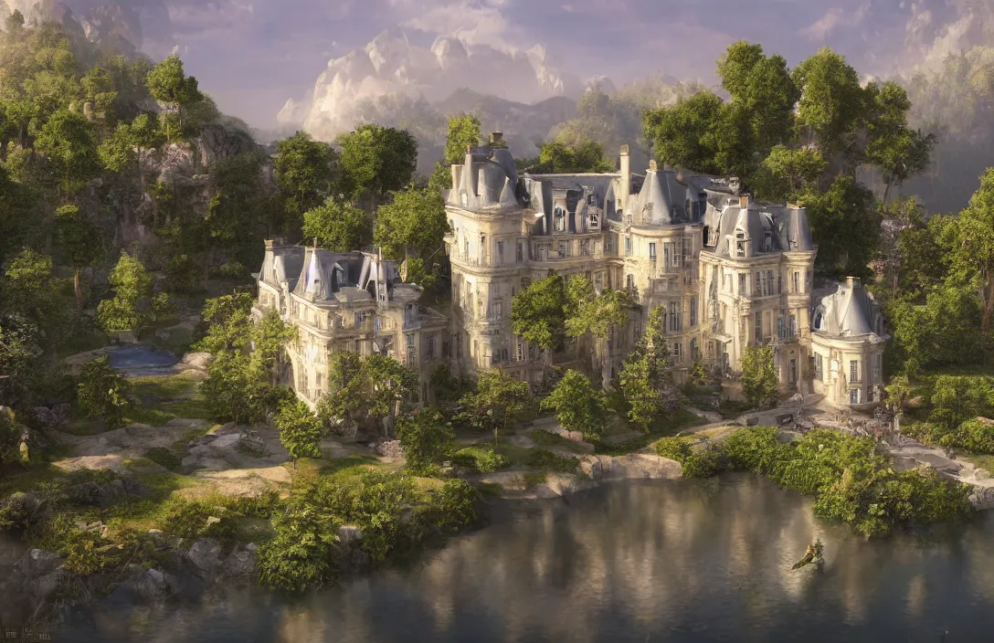 Prompt: a hyper realistic professional photographic view picture of a french chateau filter unreal engine 5 realistic hyper detailed 8k ultradetail cinematic concept art volumetric lighting, very beautiful scenery, very realistic painting effect, hd, hdr, cinematic 4k wallpaper, 8k, ultra detailed, high resolution, artstation trending on artstation in the style of Albert Dros glowing rich colors powerful imagery nasa footage drone footage drone photography