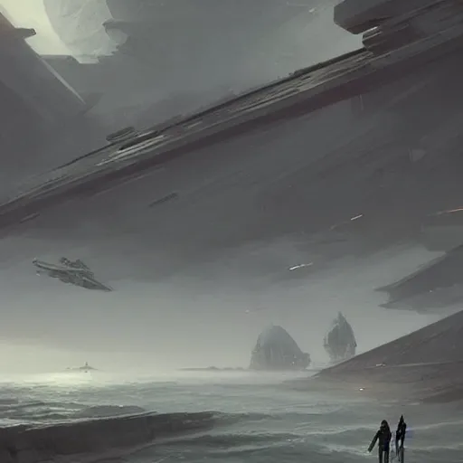 Image similar to star wars concept art by greg rutkowski, a palatial and imposing grey rectangle in the middle of a ocean landscape, enigmatic atmosphere, beautiful and cinematic lighting, artstation hq.