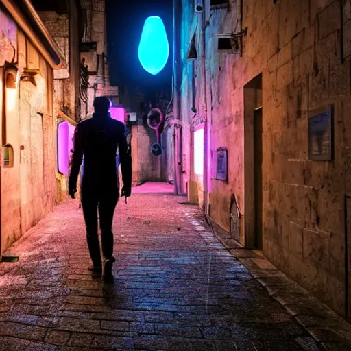 Image similar to a photo of a cyberpunk man walking in a medival village, the photo was taken from the ground looking up at the man's back, the city does not have any glowing lights, it is night time, the man has glowing neon pink and blue lights on his back, ultra high detail.