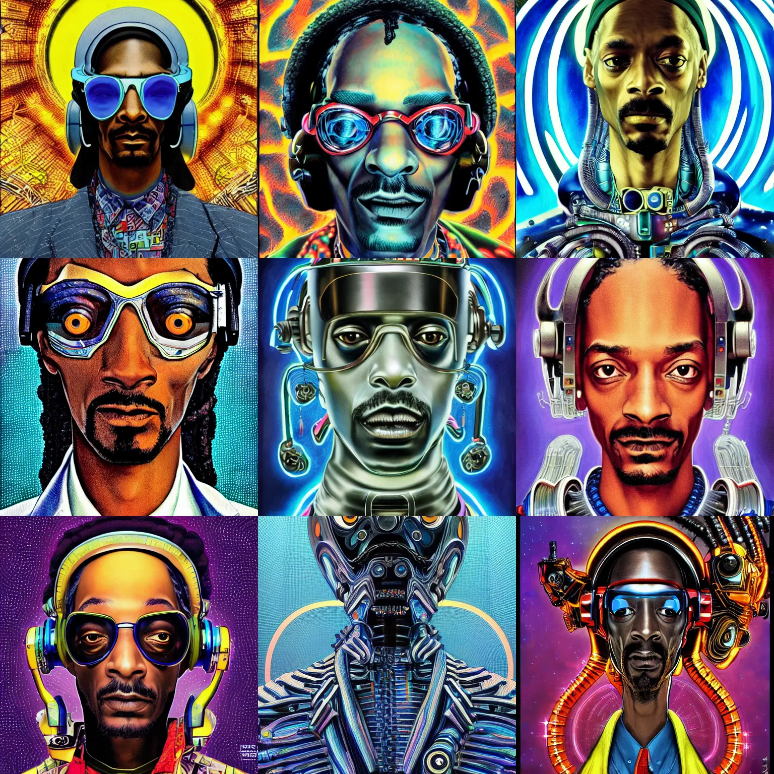 Prompt: a cinematic portrait of a fashionable snoop dogg cyberdelic cyberfuturistic mech in the style of william blake and norman rockwell, kubrick, escher, subtle junji ito, subtle giger, vivid color scheme, artstation, imdb, 8 k, magnificent, glorious