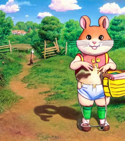 Prompt: a detailed painting of an anthropomorphic hamster kid wearing shorts and suspenders in a rural village, cute, colourful, detailed, high quality, pastel colours, brushed, 4 k, by studio disney and studio ghibli and maurice sendak and richard scarry