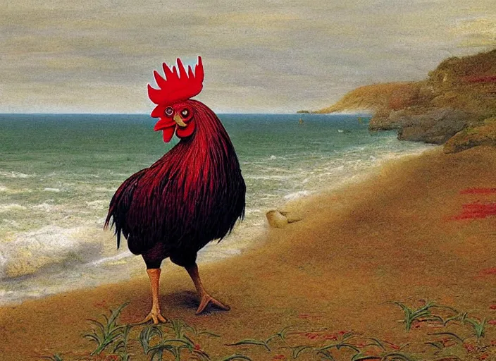 Prompt: rooster, beach, painting, fine art, hard edge painting, tonal colors, polychromatic - colors, by richard dadd