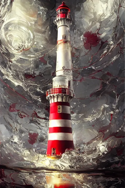 Prompt: a red and white lighthouse inside a clear bottle, very fancy whiskey bottle, intricate concept painting by yoshitaka amano, daytoner, greg tocchini