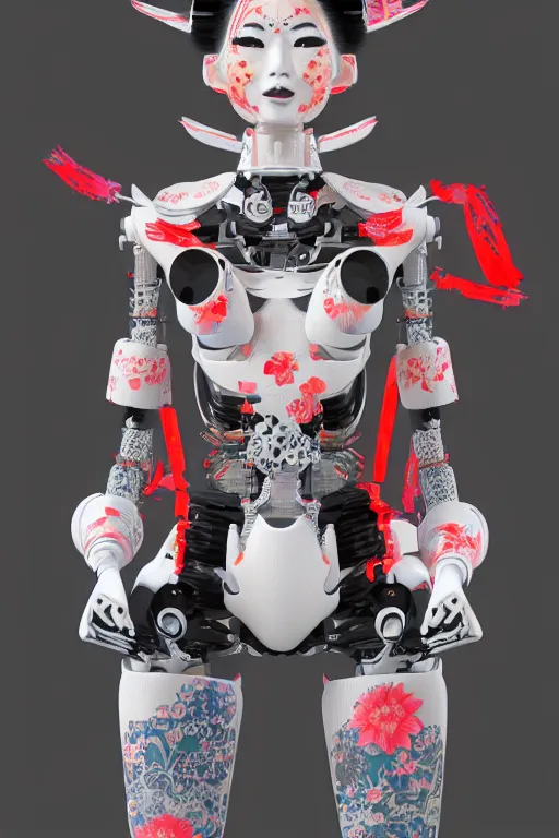 Image similar to full body portrait of a generative design exoskeleton Japanese robot geisha with kanji tattoos and decals wearing a digital pixelated kimono, intricate design, photorealistic, octane render, raytraced, ultra fine detailed, character design, trending on artstation