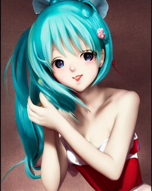 Image similar to hatsune Miku with cute face by Gil Elvgren and Enoch Bolle