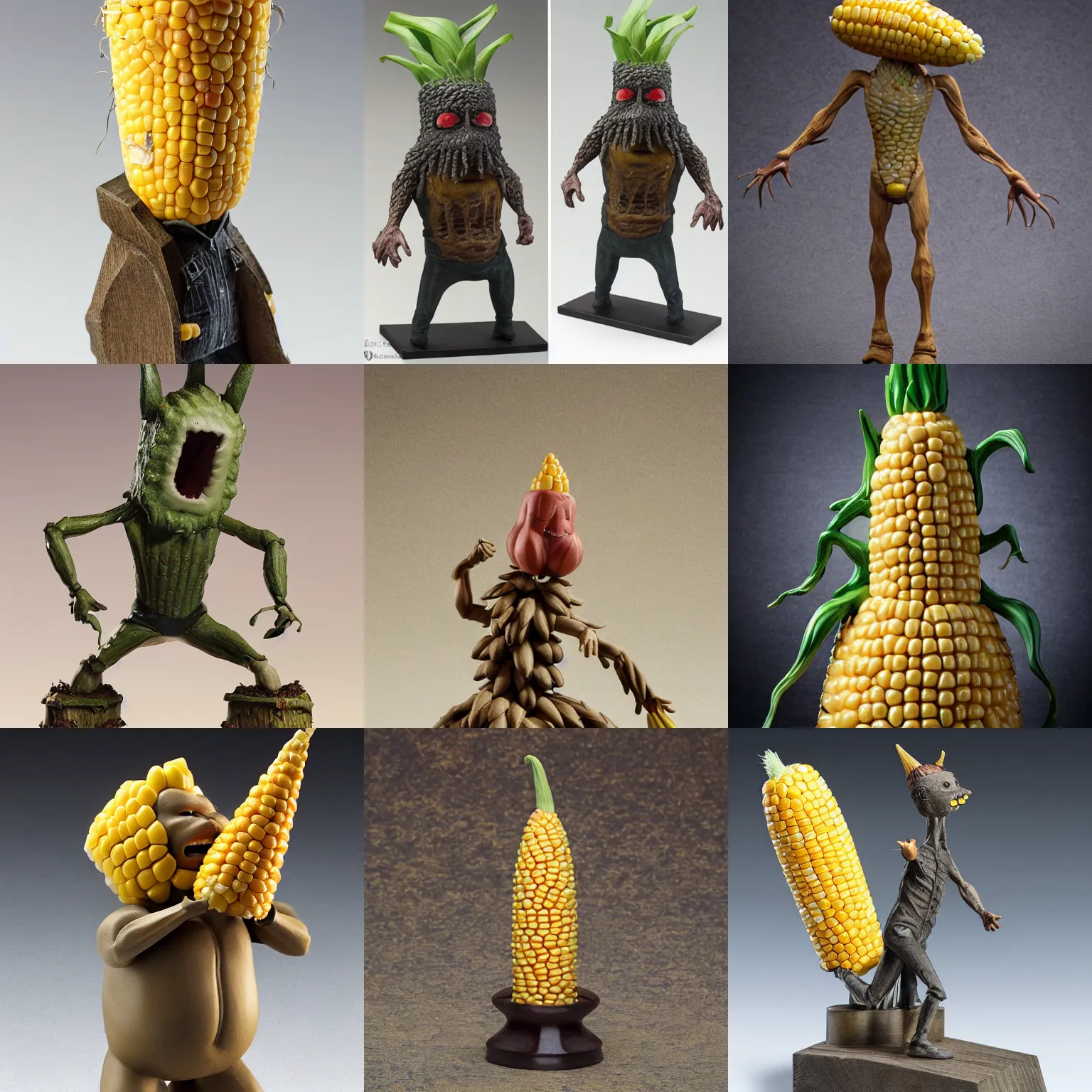 Prompt: a still high quality figurine of a mutant corn by john kenn mortensen, dynamic pose, detailed product photo, sharp focus, tone mapped, epic composition 8 5 mm, f. 1 4, zoom out