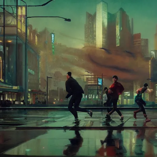 Image similar to people running towards the camera, running from godzilla, chillwave, electronic billboards, tech noir, wet reflections, atmospheric, ambient, livia prima, greg rutkowski, edward hopper, pj crook