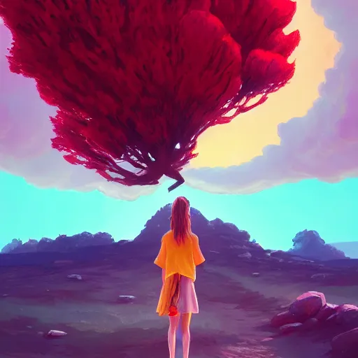 Image similar to giant cherry flower as a head, girl walking in a canyon, surreal photography, sunrise, dramatic light, impressionist painting, colorful clouds, digital painting, artstation, simon stalenhag