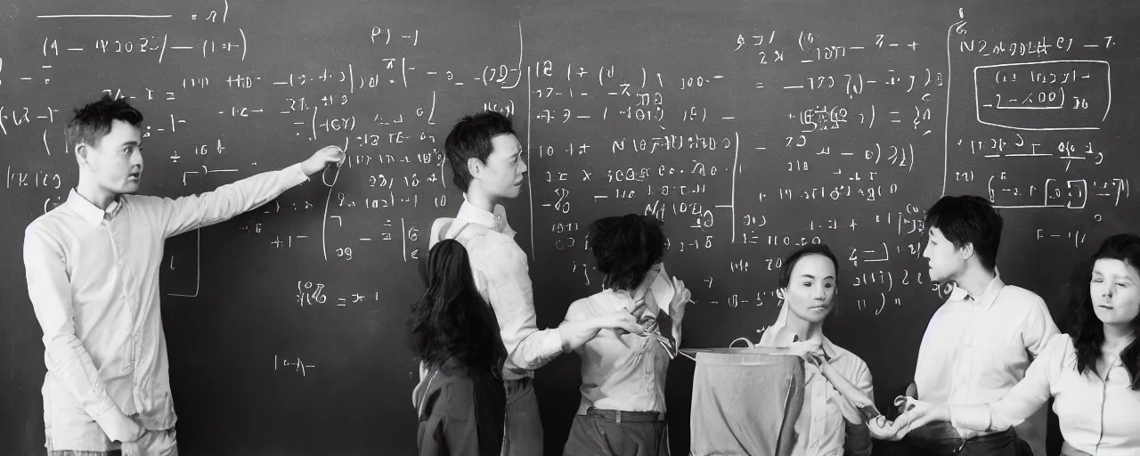 Image similar to mathematicians standing around a chalkboard with spaghetti, attempting to solve an algorithm, based on spaghetti, detailed facial expression, canon 5 0 mm, cinematic lighting, photography, retro, film, kodachrome