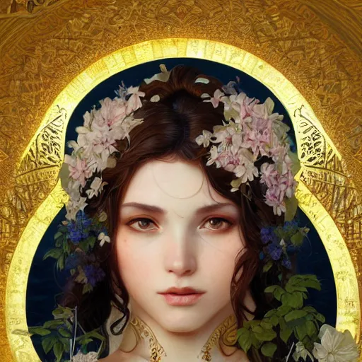 Image similar to goddess, flower goddess, antheia, greek, intricate, elegant, ethereal, highly detailed, digital painting, artstation, concept art, smooth, sharp focus, illustration, art by artgerm and greg rutkowski and alphonse mucha