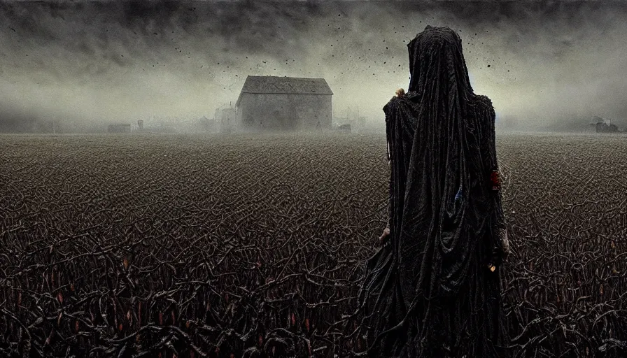 Prompt: a dark witch in the field black wheat, rotting, blood, night, death, fear, horror, religion, hyperrealism, detailed and intricate environment, by giger, by greg rutkowski