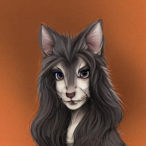 Image similar to headshot of young female furry, D&D, cute, fantasy, intricate, long hair, dark grey skin, mouse face, mouse nose, dark skin, mouse head, mouse ears, black hair, elegant, highly detailed, cartoony, artstation, concept art, smooth, sharp focus, illustration, art by Diives