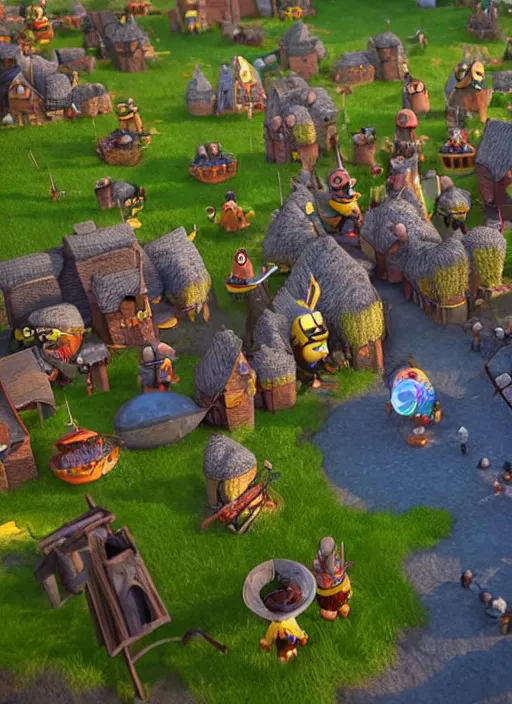 Image similar to king minion bob conquering anchient village with his minion army in pixar style, fantasy village, smooth render, unreal engine 5, high - quality