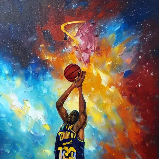 Image similar to An expressive oil painting of a basketball player dunking, depicted as an explosion of a nebula