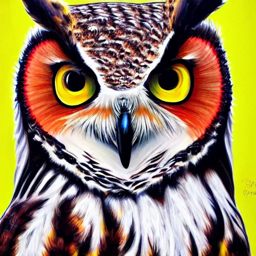 Image similar to ! dream colorful great horned owl detailed painting 4 k