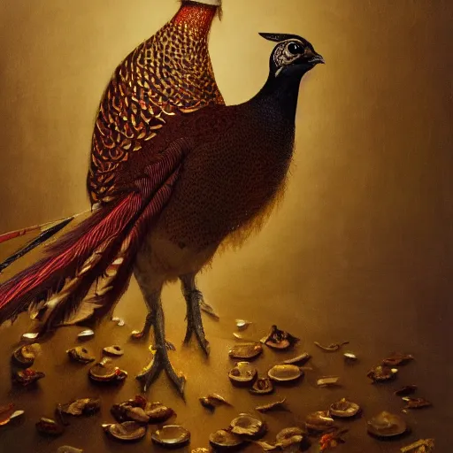 Image similar to a pheasant is girded with a belt, a sword hangs on the belt, by lily seika jones , rivuletpaper art, top cinematic lighting, cinematic mood, very detailed, shot in canon, by Viktor Vasnetsov, oil painting, harsh fairy tale, soft style, hyperrealism, beautiful, high resolution, trending on artstation,