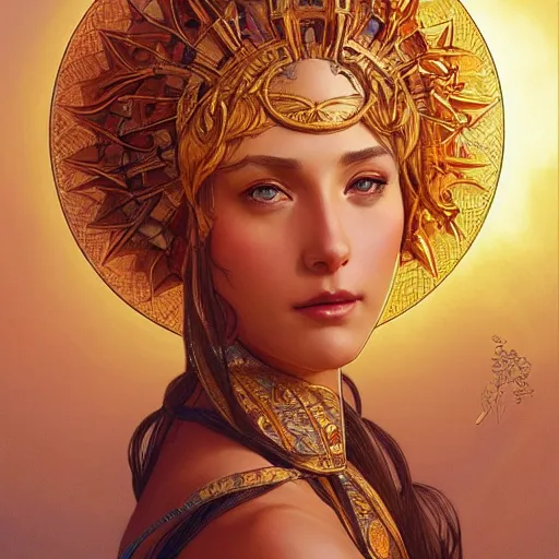 Image similar to portrait of the goddess of the sun, D&D, fantasy, intricate, elegant, highly detailed, digital painting, artstation, smooth, sharp focus, illustration, art by artgerm and greg rutkowski and alphonse mucha