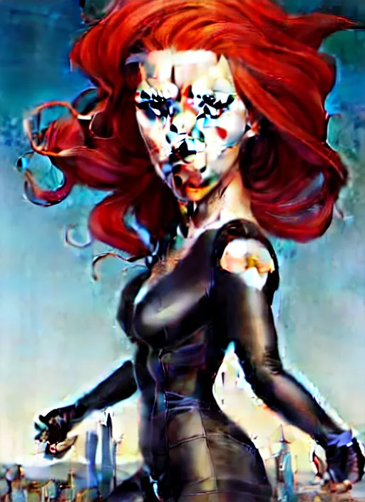 Prompt: peter mohrbacher, phil noto, artgerm, pretty scarlett johansson black widow, symmetrical eyes, long red hair, full body, city rooftop