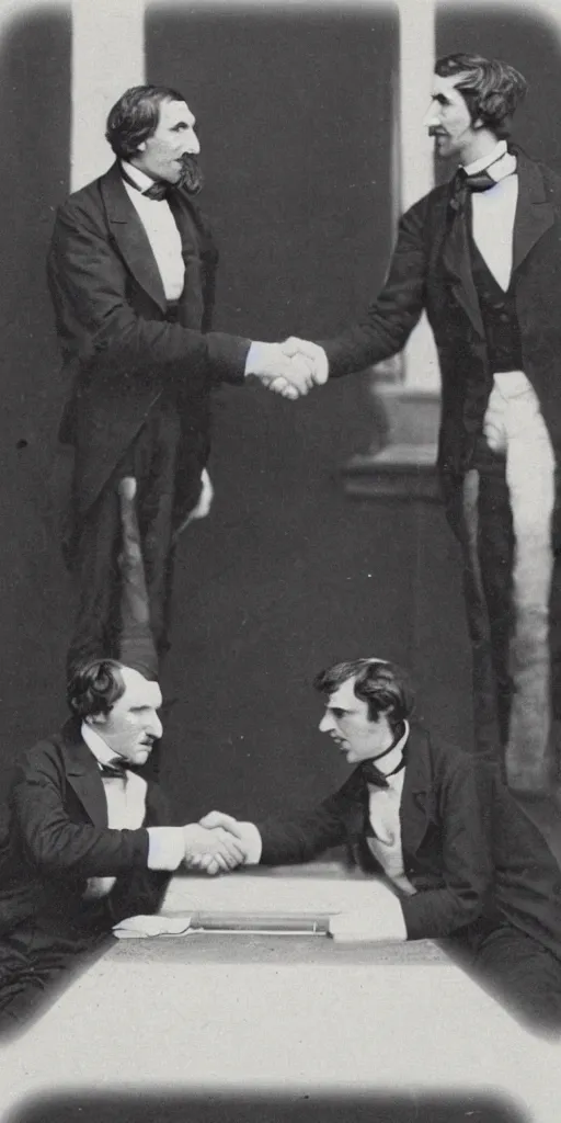 Image similar to tall t rex with long arms, shaking hands. Business men. anamorphic, strange, black and white, photograph, 1850s