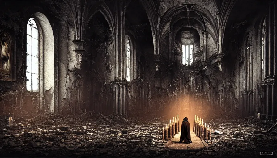 Prompt: a dark priest conducts a ceremony in the middle of a destroyed church, religion, death, fear, horror, ultra realistic, hyperrealism, by giger, by marc simonettii, polaroid, bokeh, 4 k