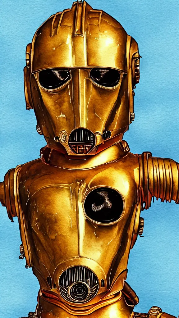 Image similar to a portrait of c - 3 po in a watercolor style. faded wash. color harmony, 8 k detail, gallery quality, hd wallpaper, premium prints available, hyper - detailed, intricate design.