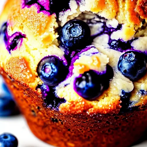 Image similar to the most delicious closeup macro photograph of a blueberry muffin, looks amazing and delicious, sugar crusted, baked to perfection juicey delicious blueberry mix