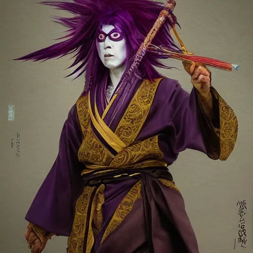 Image similar to portrait of an insane kabuki man wielding a spear covered in a distorting aura, intricate purple hakama, poofy red wig, eerie, highly detailed, dark fantasy, shallow depth of field, art by artgerm and greg rutkowski