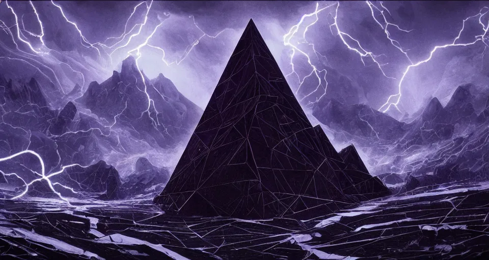 Prompt: black lovecraftian eldritch!! obsidian covered in etching pyramid!! purple light beams on a snowy mountain, being found by explorers, snowy, windy, by eugene von guerard, ivan shishkin, night, lightning!!, storm!, dramatic lighting, concept art, trending on artstation, 8 k