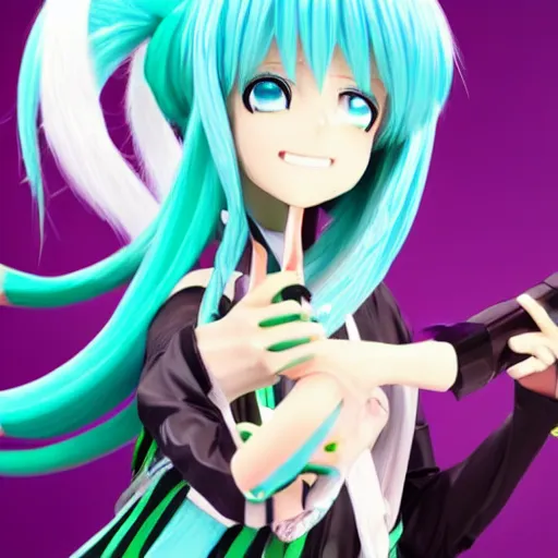 Prompt: hatsune miku with a leek in her hand