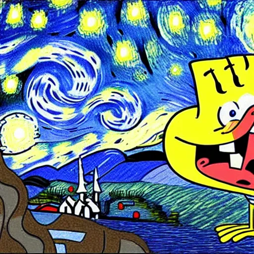 Image similar to a still from spongebob in the style of starry night