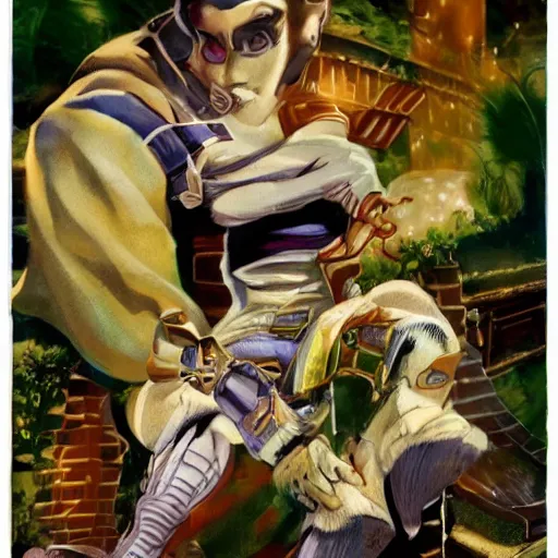 Image similar to Magazine Cover Anime key visual of a Gucci girl; official media; typography; drawn by Hirohiko Araki; Jojo's Bizarre Adventure; Jojolion, portrait, made by Stanley Artgerm Lau, WLOP, Rossdraws, James Jean, Andrei Riabovitchev, Marc Simonetti, Yoshitaka Amano, ArtStation