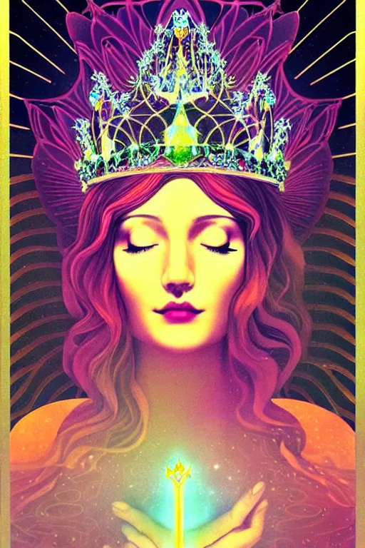 Prompt: ethereal, numinous goddess of solarpunk draped in magic, wearing a glowing crystalline crown, crown, offering the viewer a 💊, closed eyes, highly detailed portrait, minimal, warm colors, art deco, art nouveau, decorative border