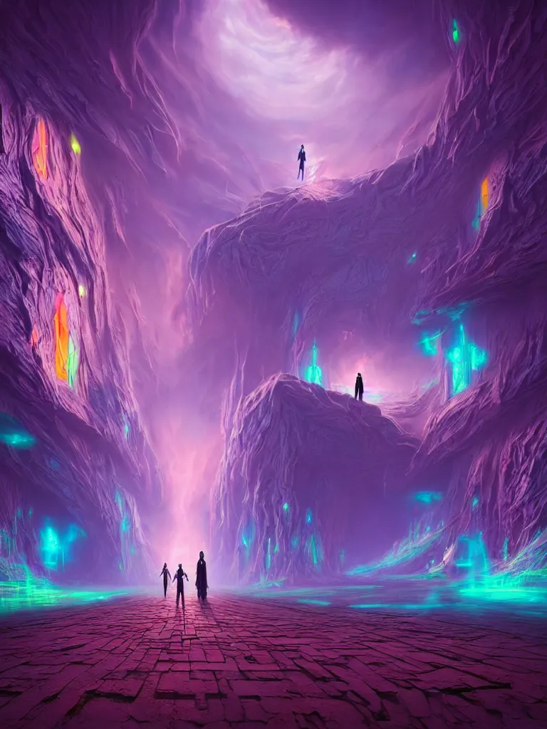 Image similar to entrance to ethereal realm, god waiting, rendered in unreal engine, central composition, symmetrical composition, dreamy colorful cyberpunk colors, 6 point perspective, fantasy landscape with anthropomorphic!!! terrain!!! in the styles of igor morski, jim warren, and rob gonsalves, intricate, hyperrealistic, volumetric lighting, neon ambiance, distinct horizon