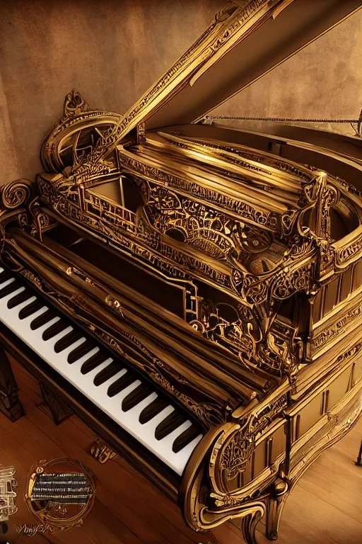 Image similar to Tonemapped Steampunk harpsichord, Artstation, Unreal Engine, photorealistic