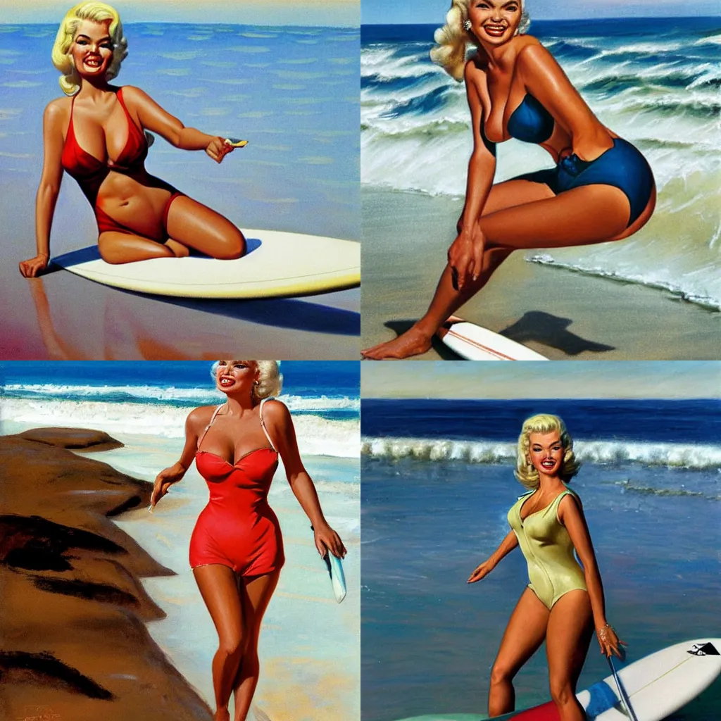 Prompt: Jayne Mansfield in a swimsuit, surfing at Malibu Beach by Mort Kunstler and Robert Maguire