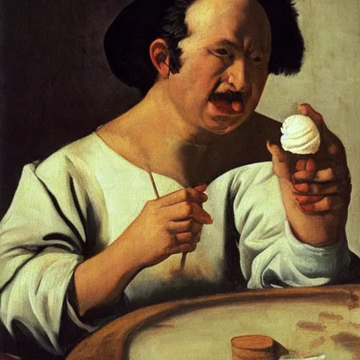 Prompt: a painting of a frustrated painter eating ice cream in diego velazquez style