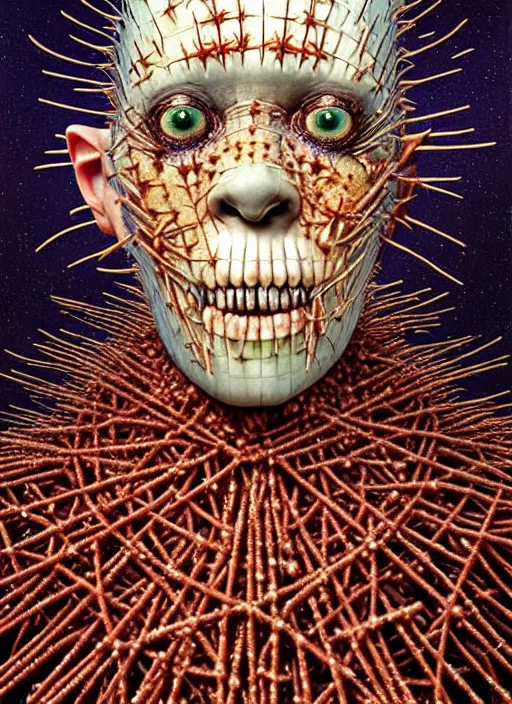 Image similar to hyper detailed 3d render like an Oil painting - Pinhead (Cenobite - Hellraiser) seen Eating of the Strangling network of yellowcake aerochrome and milky Fruit and Her delicate Hands hold of gossamer polyp blossoms bring iridescent fungal flowers whose spores black the foolish stars by Jacek Yerka, Mariusz Lewandowski, Houdini algorithmic generative render, Abstract brush strokes, Masterpiece, Edward Hopper and James Gilleard, Zdzislaw Beksinski, Mark Ryden, Wolfgang Lettl, hints of Yayoi Kasuma, octane render, 8k