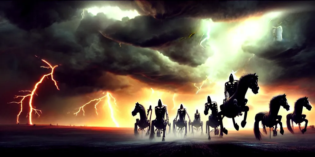 Image similar to ”four horsemen of the apocalypse riding skeleton horses towards the camera [epic, cinematic, scary, intimidating, horror, war, battle, hell, storm clouds, lightning, octane render, 8k, mattepainting, art by wlop and paul lehr and greg rutkowski]”