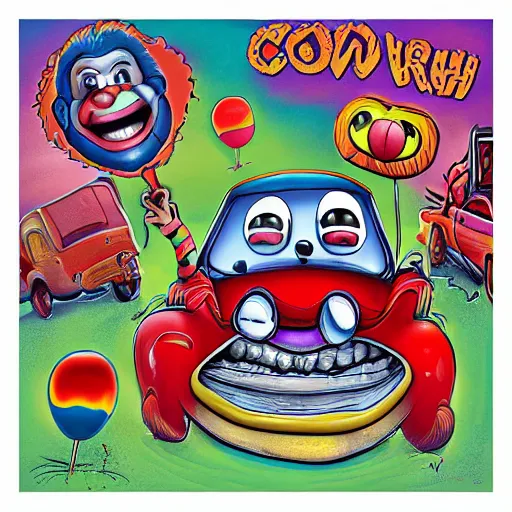 Prompt: clown car crash, album cover