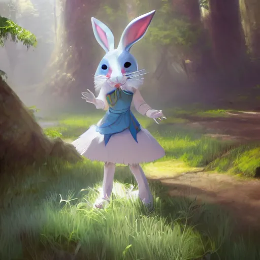 Prompt: concept art painting of an anthropomorphic white rabbit wearing a turquoise dress, in the deep forest, realistic, detailed, cel shaded, in the style of makoto shinkai and greg rutkowski and james gurney