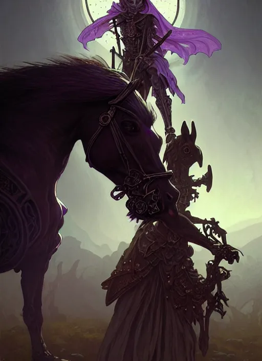 Image similar to portrait of skeleton necromancer and his horse horse, purple palette, cave landscape, fantasy magic, dark light night, intricate, elegant, sharp focus, illustration, highly detailed, digital painting, concept art, matte, art by wlop and artgerm and greg rutkowski and alphonse mucha, masterpiece