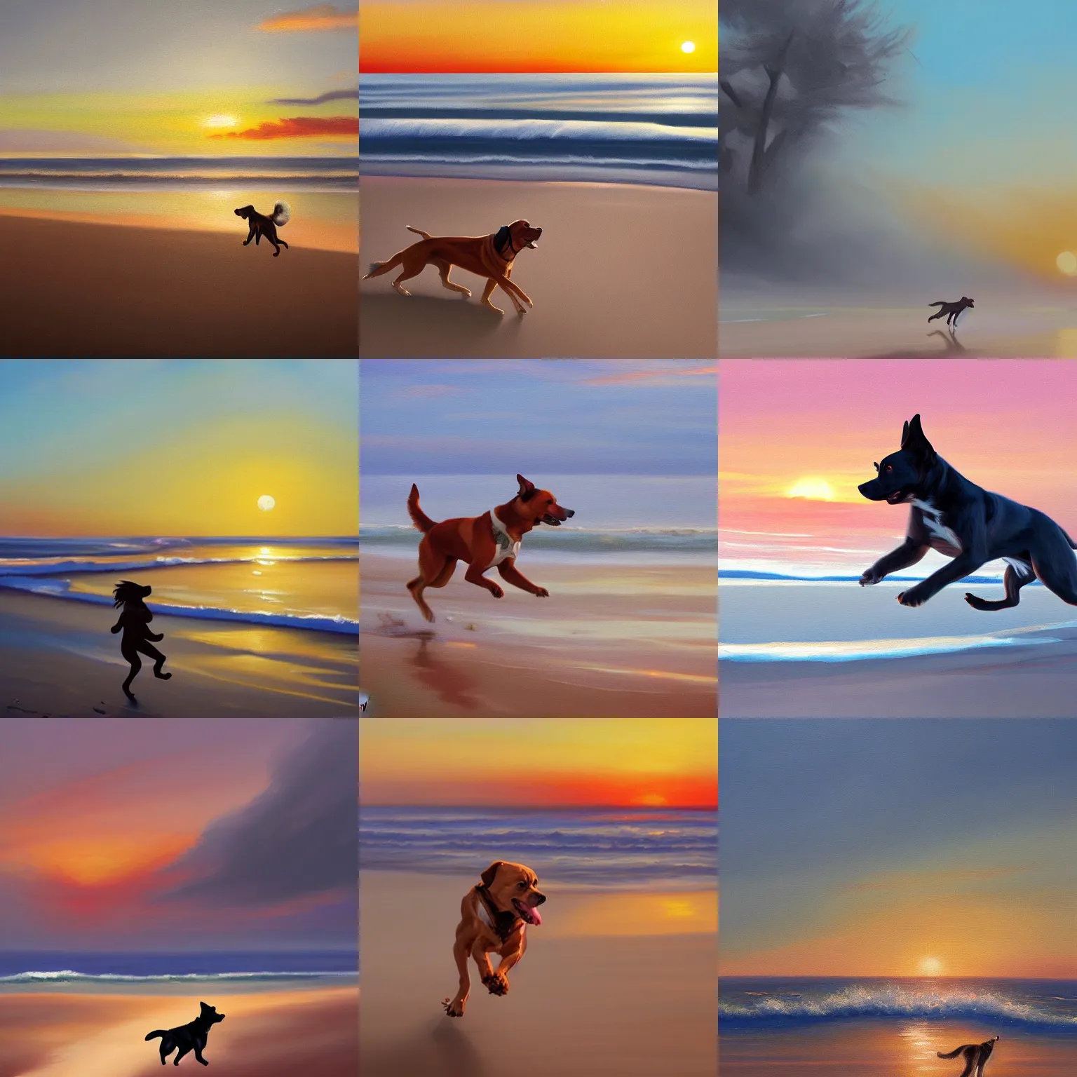 Prompt: a beautiful painting of a dog running on the beach at sunset, by rutkowski, featured on artstation, fog