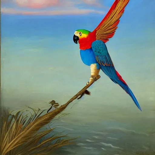 Prompt: A parrot carrying a Sceptre over the ocean, sunny day, closup