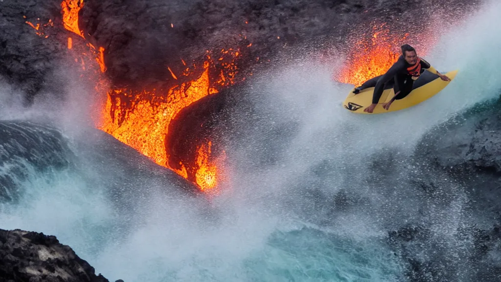 Image similar to medium shot of a person wearing a sponsored team jersey surfing down a river of lava on the side of a volcano on surfboard, action shot, dystopian, thick black smoke and fire, sharp focus, wide angle shot