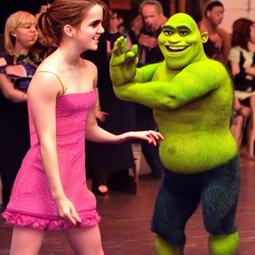 Prompt: Emma Watson dancing with shrek