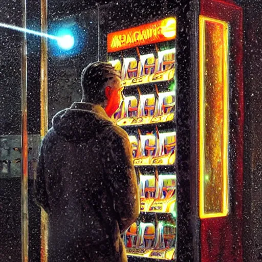 Prompt: a drenched man in a rainy alleyway placing a coin in a vending machine that opens an alien portal into another dimension, vivid caustics into another universe, realistic photography, beautiful interior, hyperrealism, incredible, award - winning photography, by greg rutkowski, lovecraftian