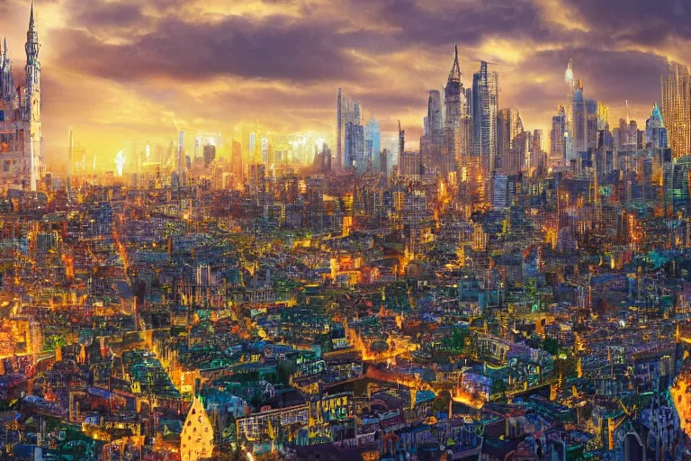 Prompt: the great city of ebora once glittered with gold. photo - realistic hd, hyperrealism, colourful, highly detailed, cinematic, luminescence, 3 2 k, dop, high contrast, intricate, mystery, epic, fantasy