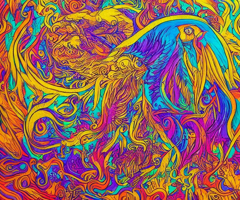 Image similar to the wildest dream, vivid colors, golden hour, psychedelic art, magical creatures, highly detailed, sharp lines