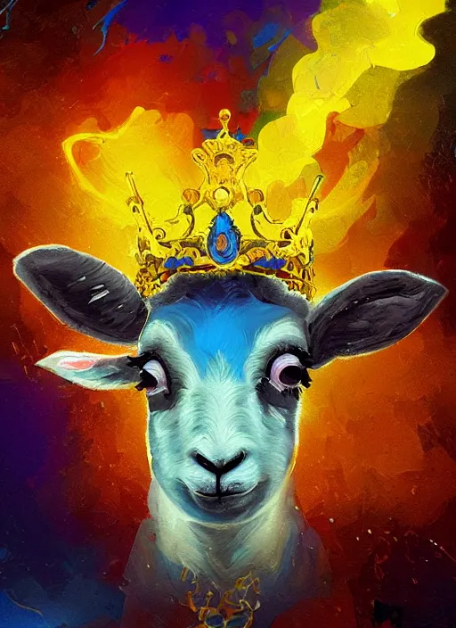 Image similar to a painting of a lamb's face with blue and yellow smoke coming out of, wearing an ornate crown, a digital painting by petros afshar, behance contest winner, digital art, behance hd, digital illustration, digital painting